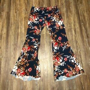 Floral Flare Pants Women's Medium Pull On Navy Boho Pattern Casual